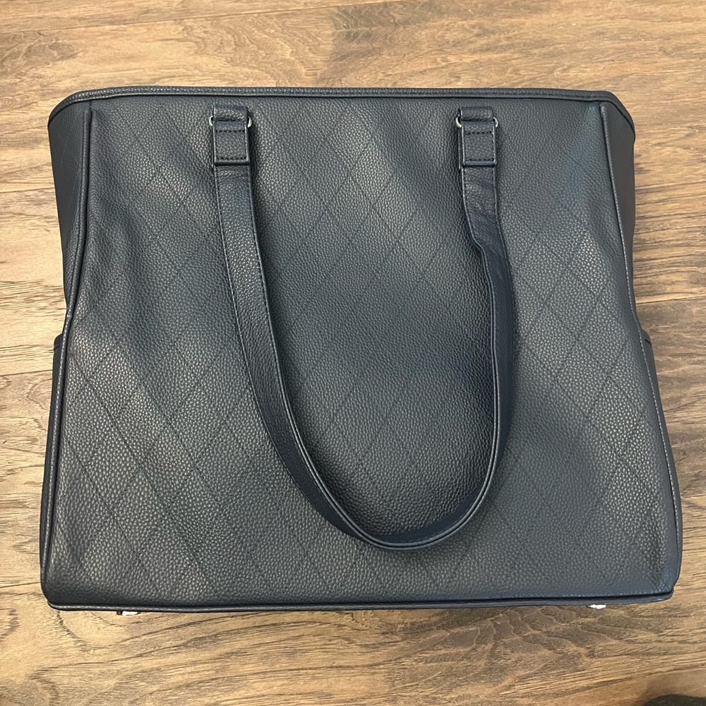 Navy Blue Quilted Faux Leather XL Tote Bag Purse Laptop